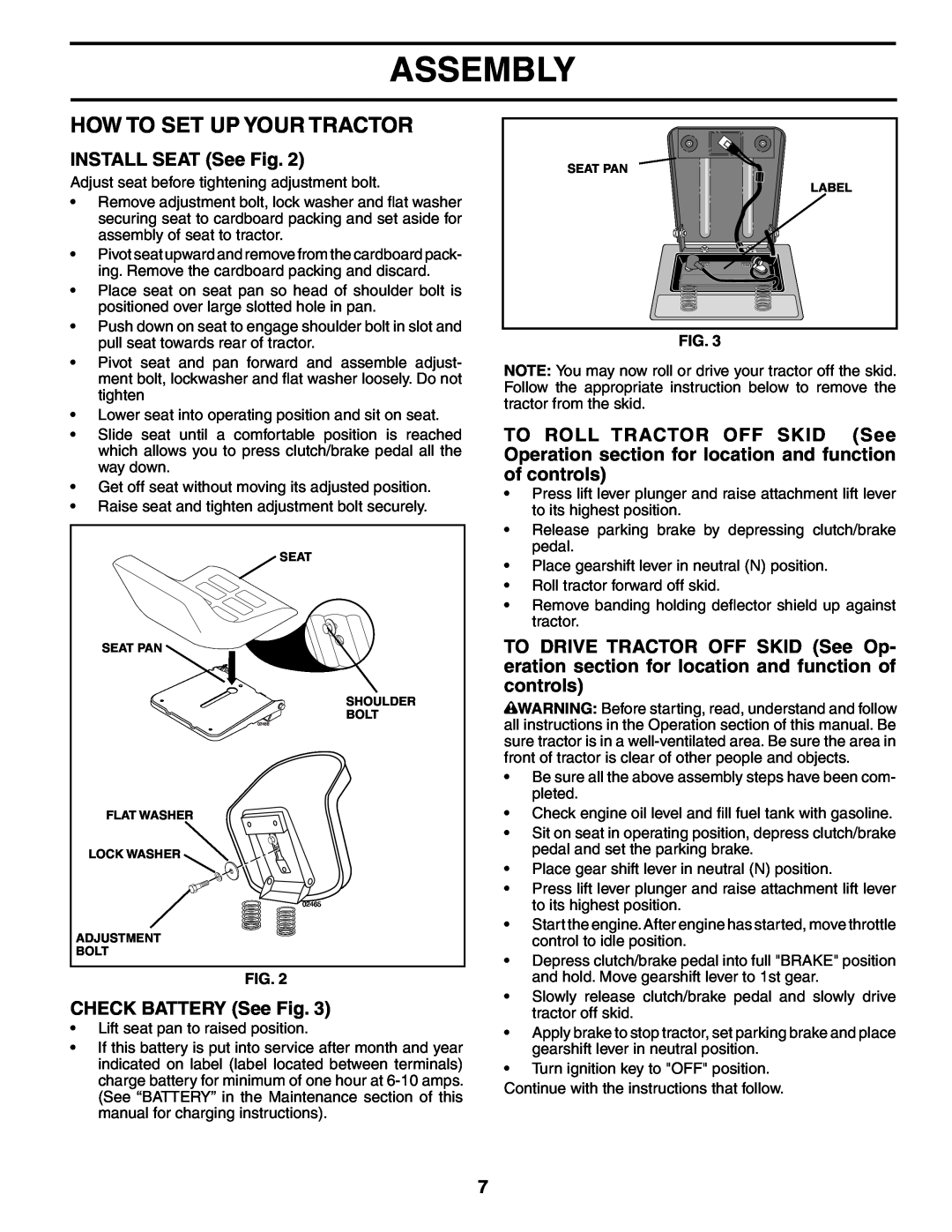 Weed Eater 187637 manual How To Set Up Your Tractor, INSTALL SEAT See Fig, CHECK BATTERY See Fig, Assembly 