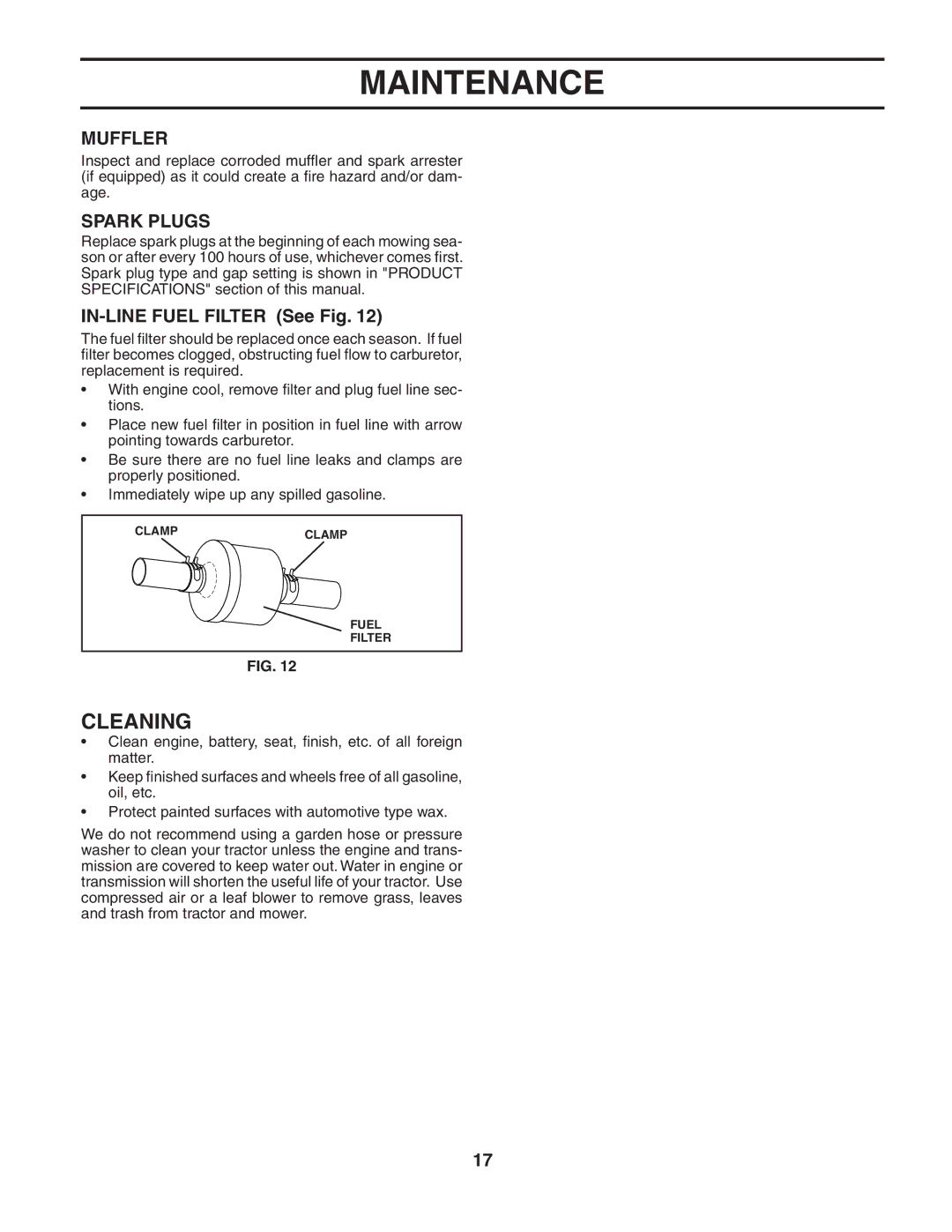 Weed Eater 188313 manual Cleaning, Muffler, Spark Plugs, IN-LINE Fuel Filter See Fig 