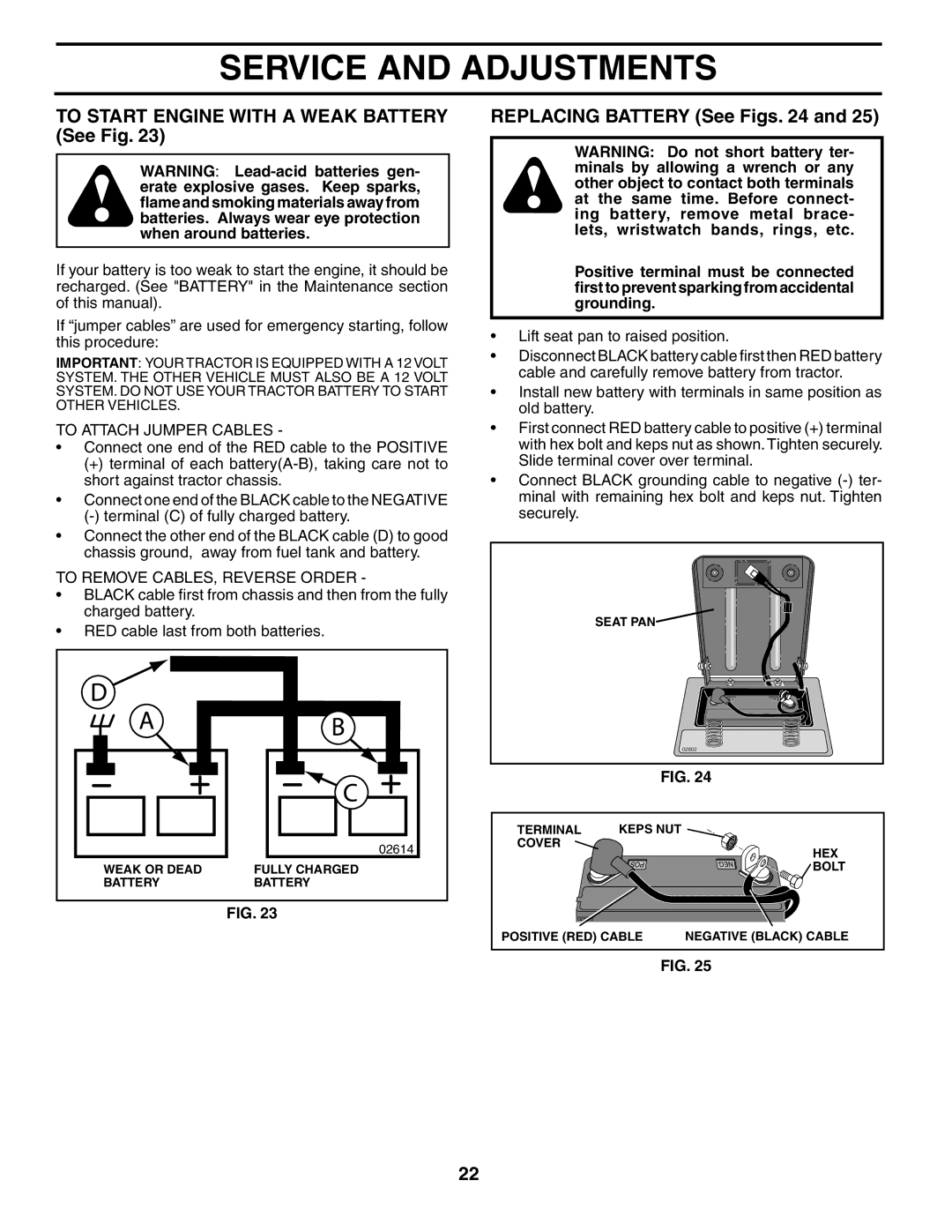 Weed Eater 191064 manual To Start Engine with a Weak Battery See Fig, Replacing Battery See Figs, To Attach Jumper Cables 