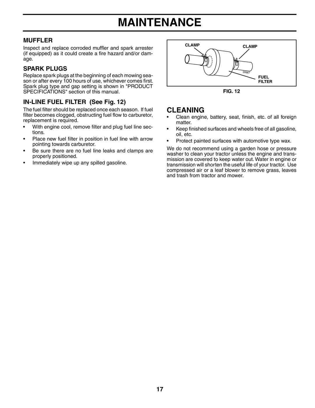 Weed Eater 191064 manual Cleaning, Muffler, Spark Plugs, IN-LINE FUEL FILTER See Fig, Maintenance 