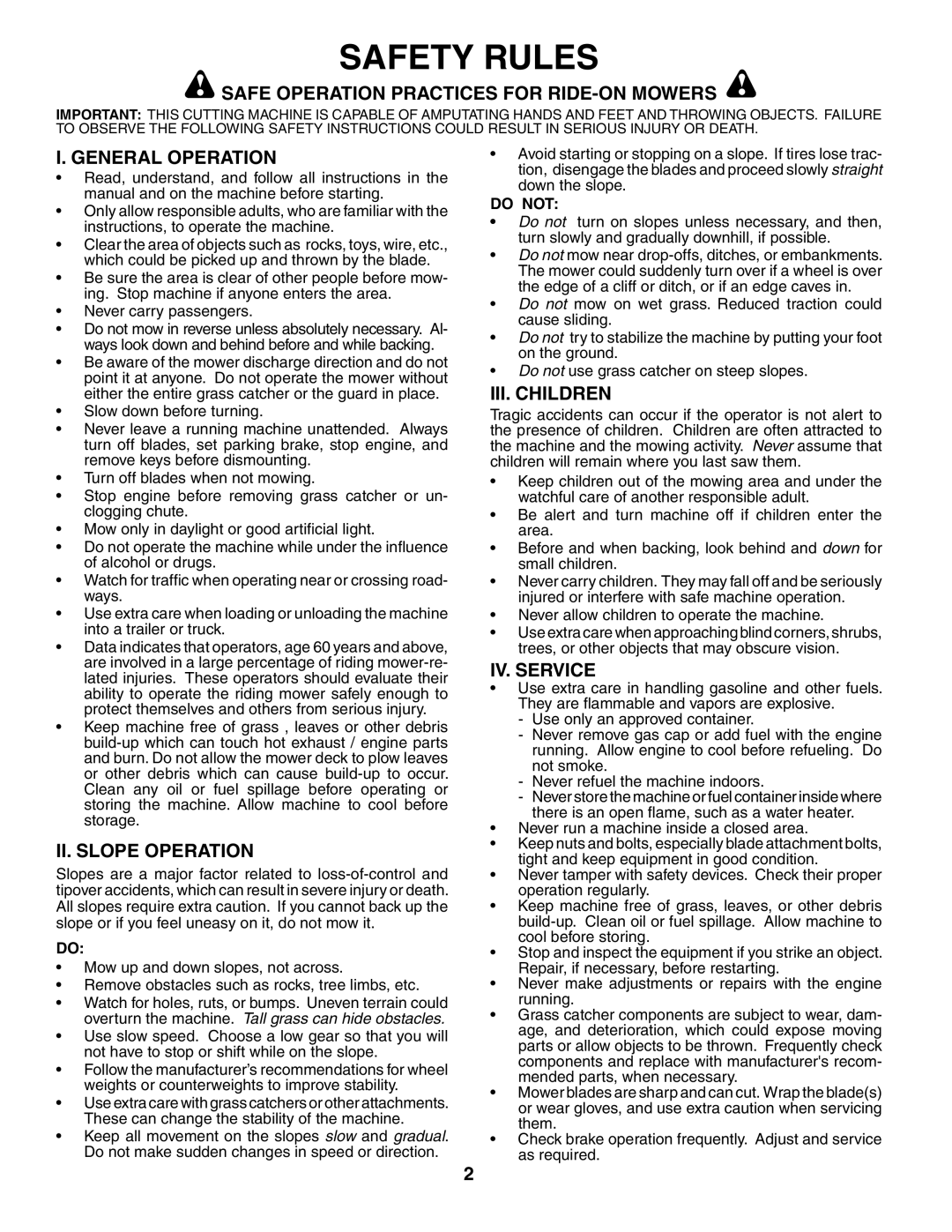 Weed Eater 191064 Safety Rules, Safe Operation Practices For Ride-On Mowers, I. General Operation, Ii. Slope Operation 