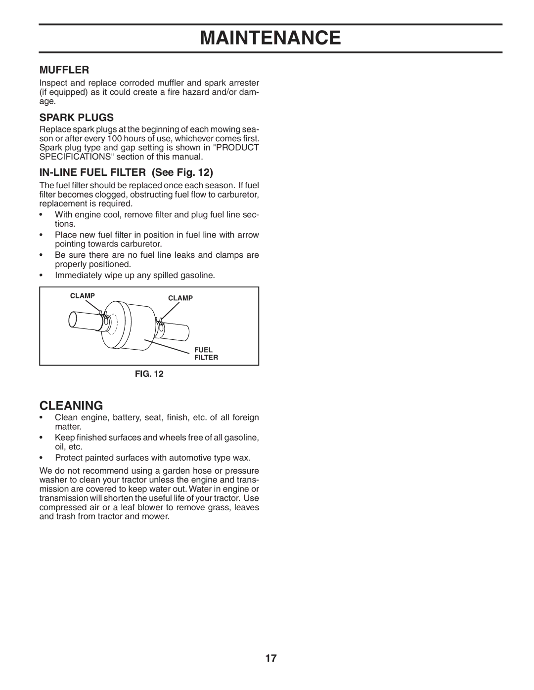 Weed Eater 191087 manual Cleaning, Muffler, Spark Plugs, IN-LINE Fuel Filter See Fig 