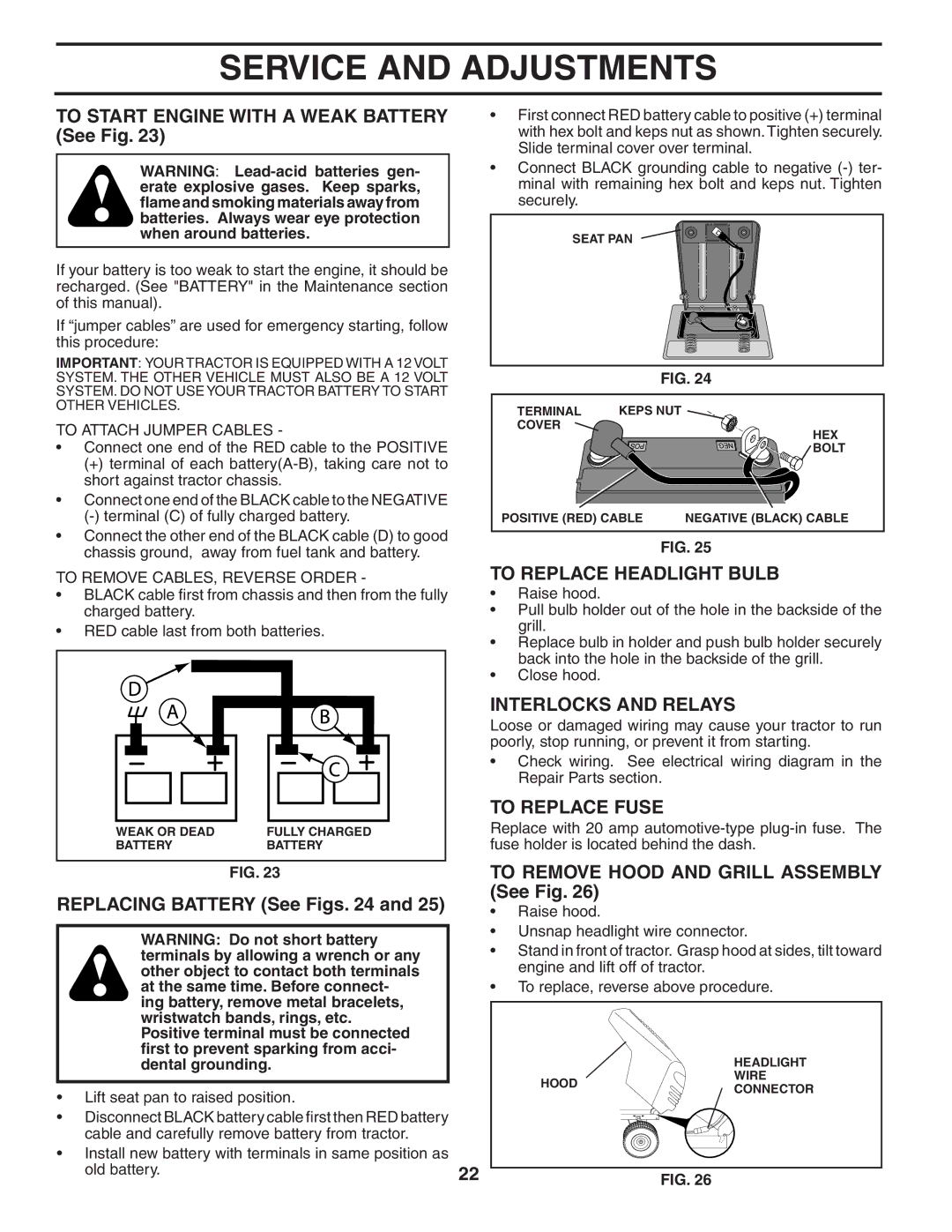 Weed Eater 191087 manual To Replace Headlight Bulb, Interlocks and Relays, To Replace Fuse 