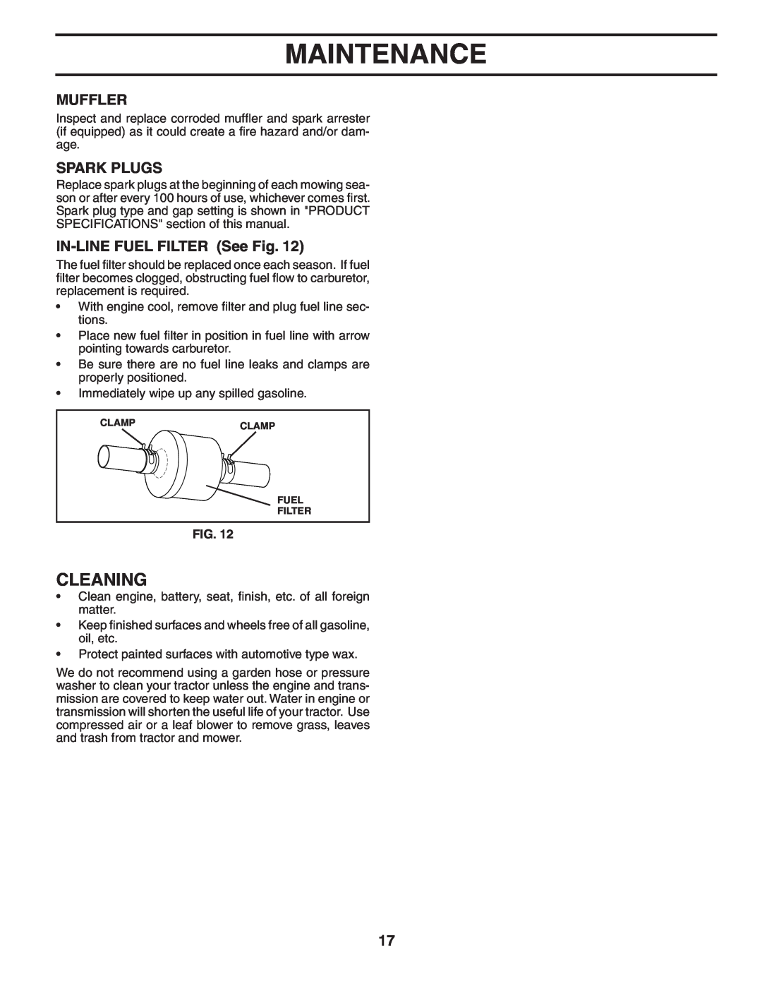 Weed Eater 191087 manual Cleaning, Muffler, Spark Plugs, IN-LINE FUEL FILTER See Fig, Maintenance 