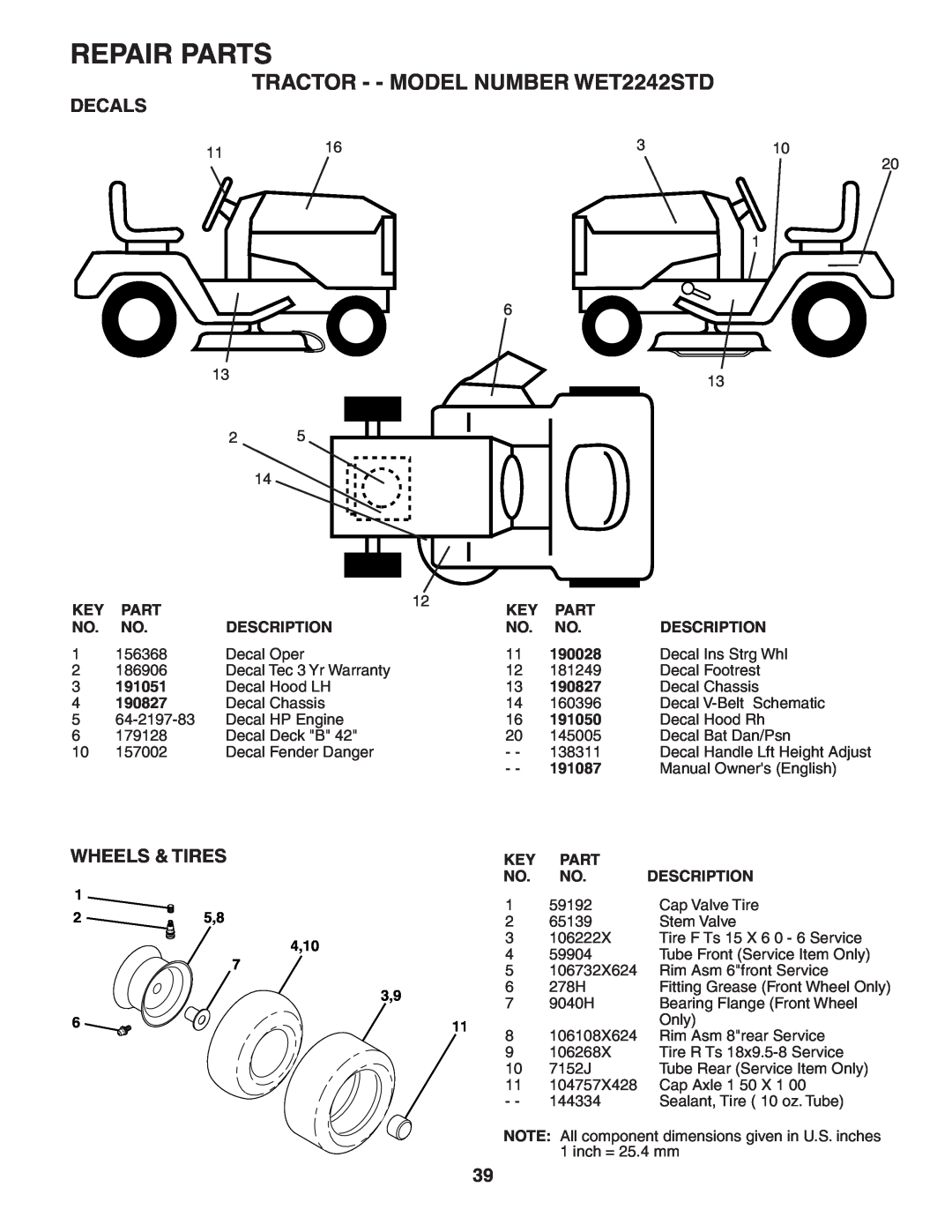 Weed Eater 191087 manual Decals, Wheels & Tires, Repair Parts, TRACTOR - - MODEL NUMBER WET2242STD 