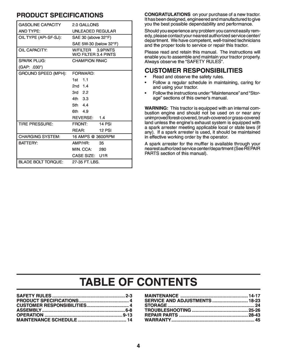 Weed Eater 191087 manual Table Of Contents, Product Specifications, Customer Responsibilities 