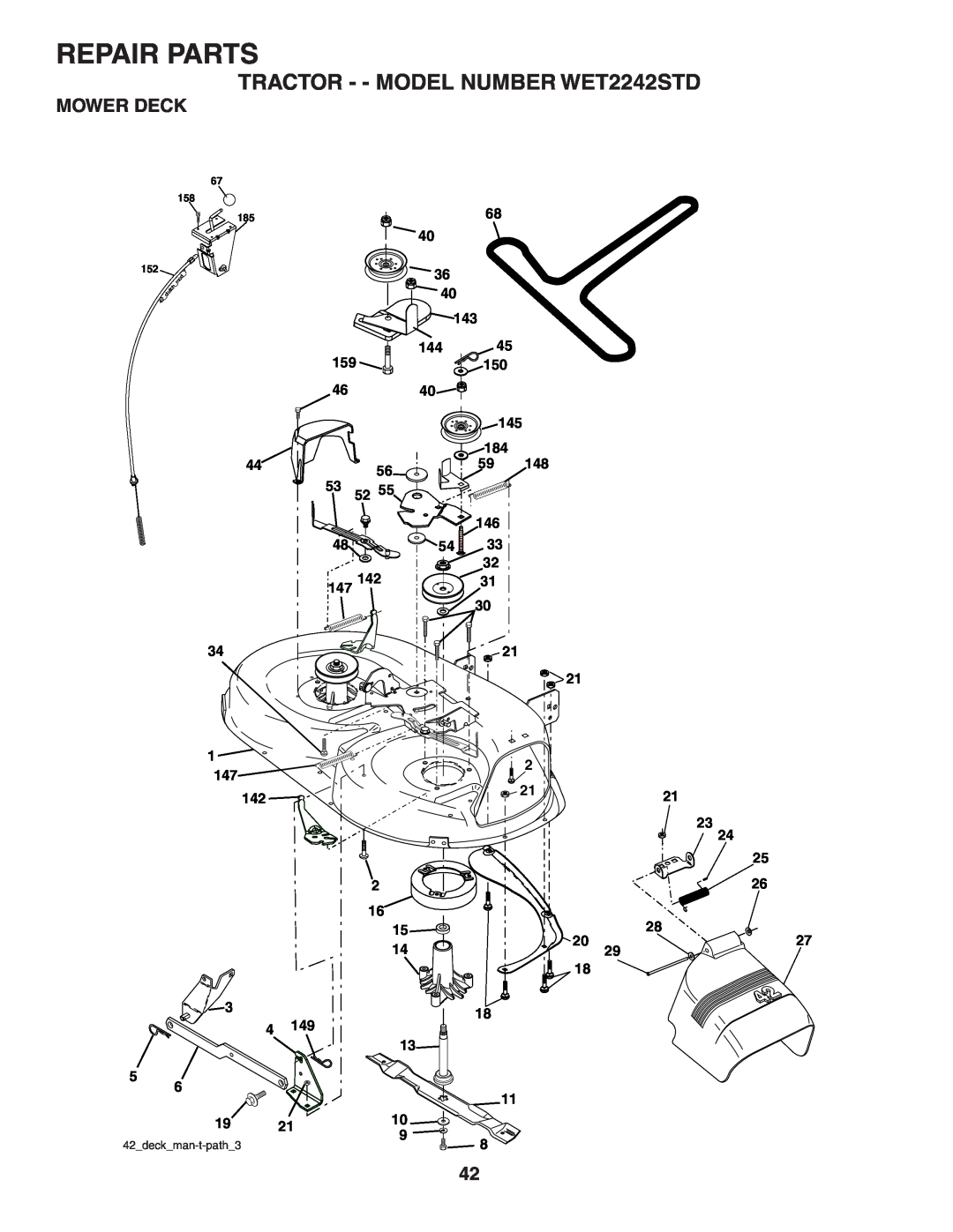 Weed Eater 191087 manual Mower Deck, Repair Parts, TRACTOR - - MODEL NUMBER WET2242STD, 42deckman-t-path3 