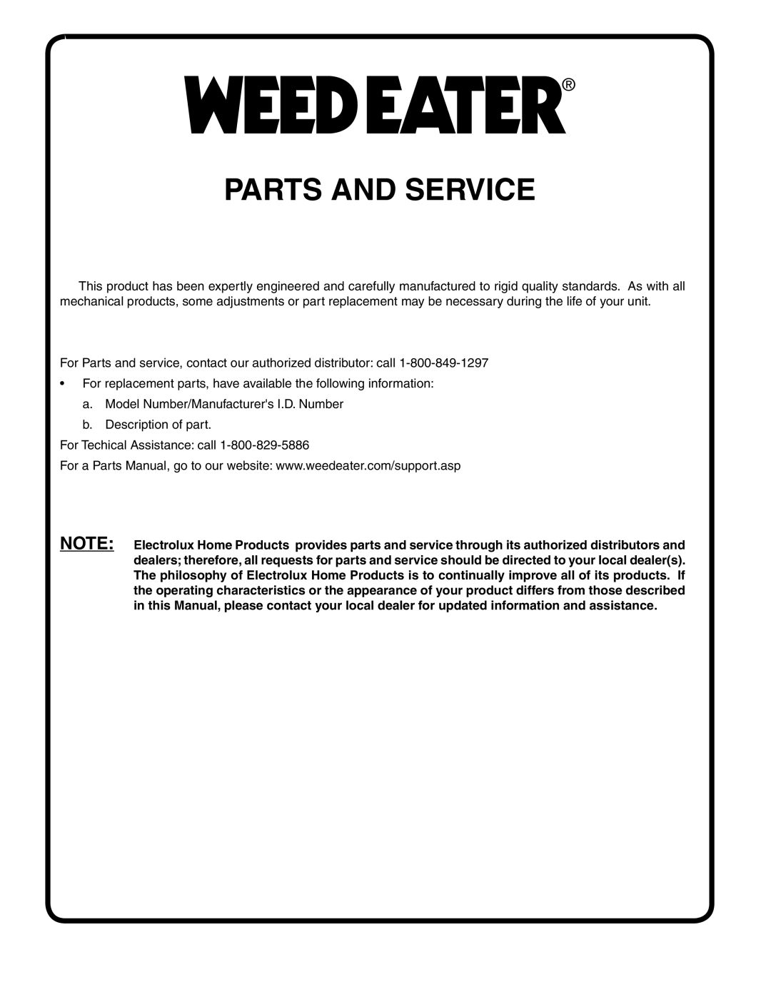 Weed Eater 195383 manual Parts and Service 