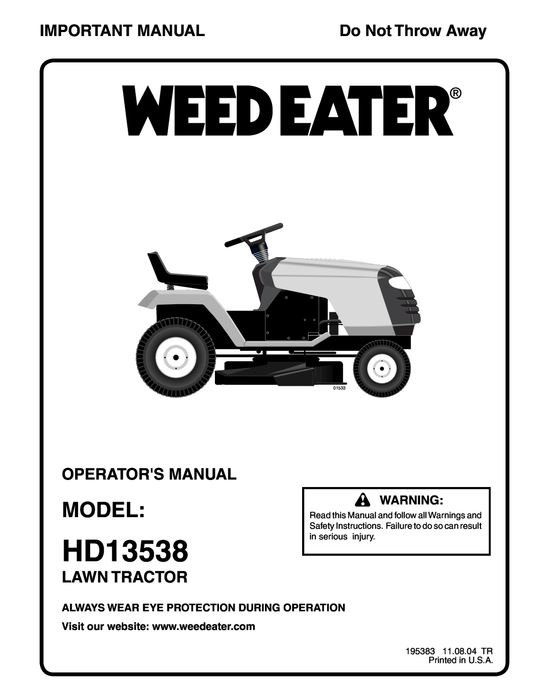 Weed Eater 195383 manual Model, Important Manual, Operators Manual, Lawn Tractor, HD13538, Do Not Throw Away, 01533 