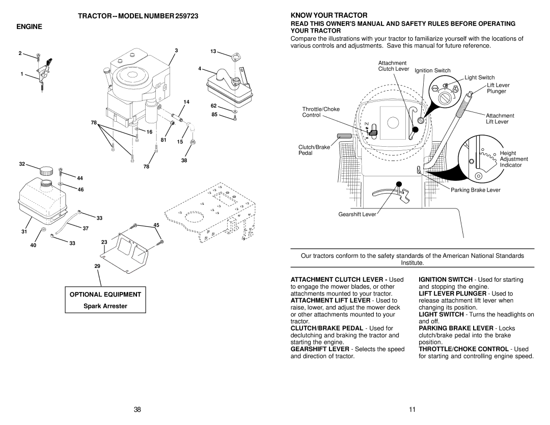 Weed Eater 173487, 259723 owner manual Engine Tractor -- Model Number, Know Your Tractor, Optional Equipment 