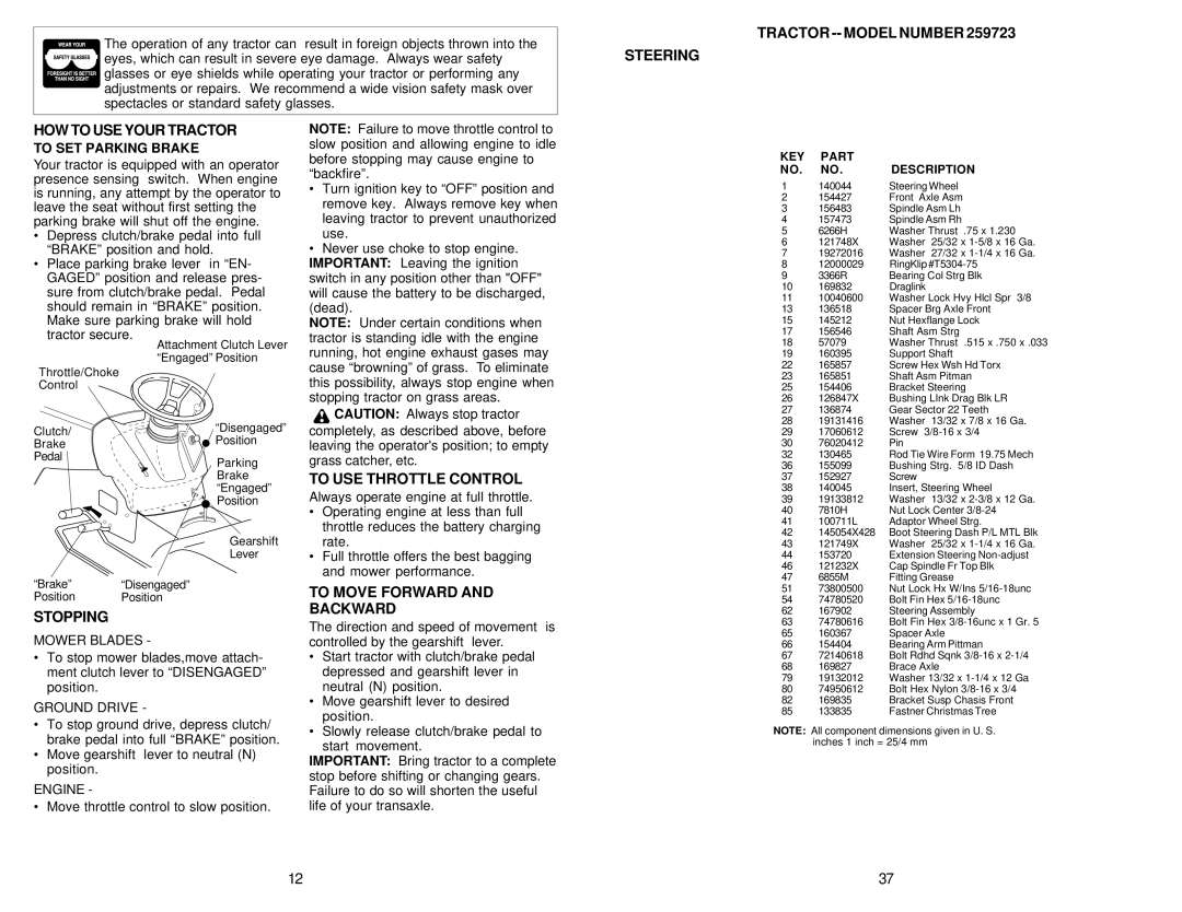 Weed Eater 259723, 173487 Tractor -- Model Number Steering HOW to USE Your Tractor, Stopping, To USE Throttle Control 