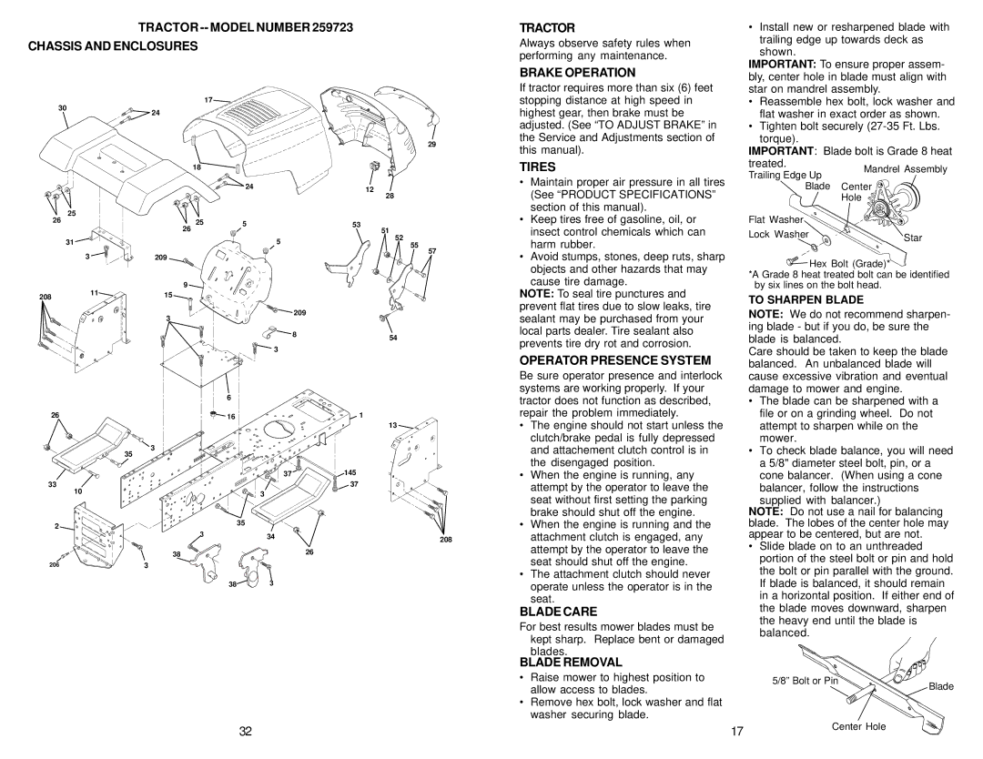 Weed Eater 173487, 259723 owner manual Tractor, Brake Operation, Tires, Operator Presence System, Blade Care, Blade Removal 