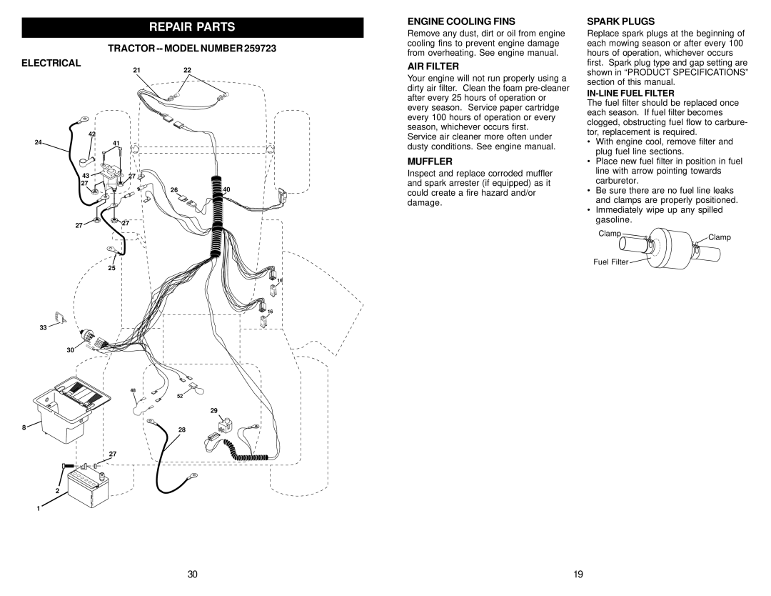 Weed Eater 173487, 259723 owner manual Engine Cooling Fins, AIR Filter, Muffler, Spark Plugs, IN-LINE Fuel Filter 