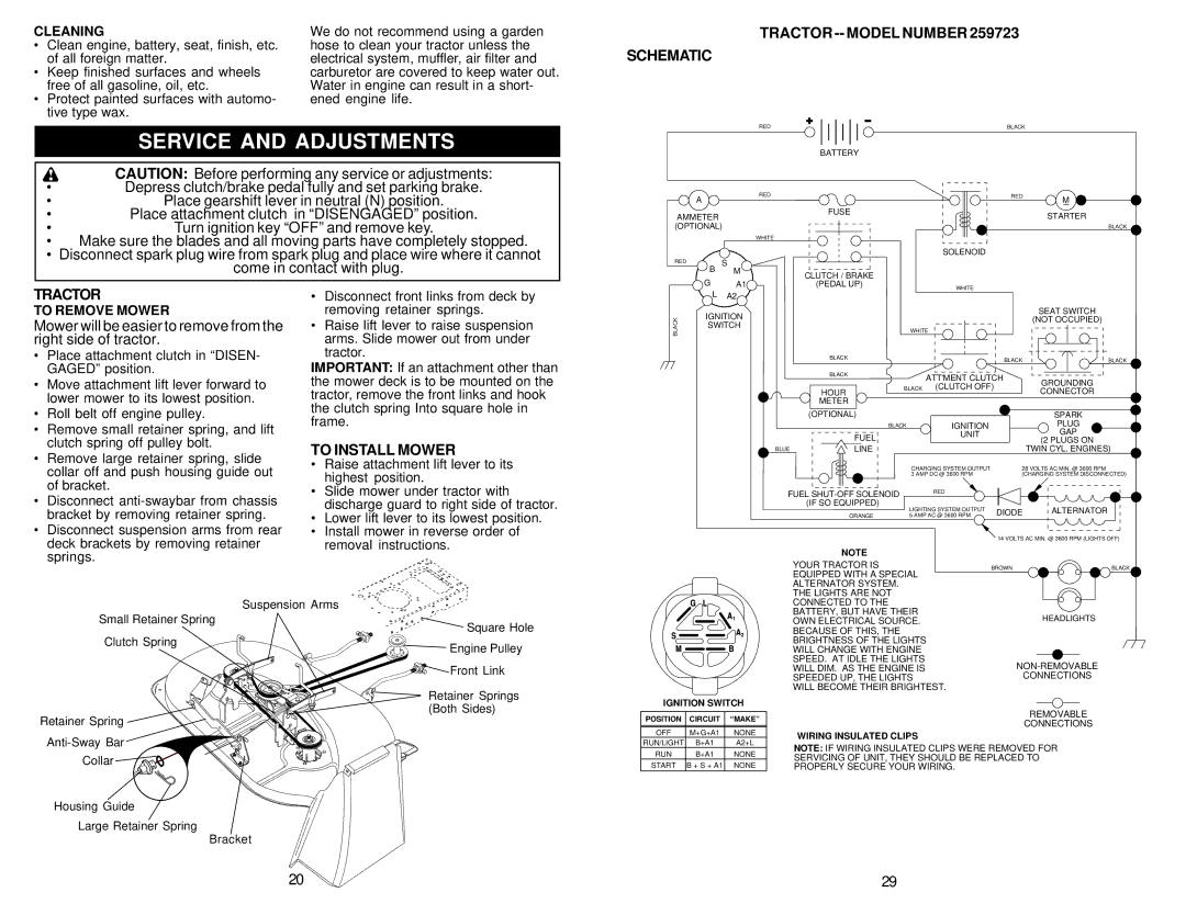 Weed Eater 259723 Service and Adjustments, Tractor -- Model Number Schematic, To Install Mower, Cleaning, To Remove Mower 