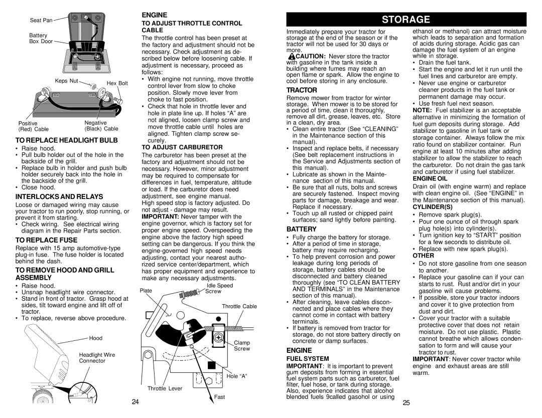 Weed Eater 259723, 173487 owner manual Storage, To Replace Headlight Bulb, Interlocks and Relays, To Replace Fuse 