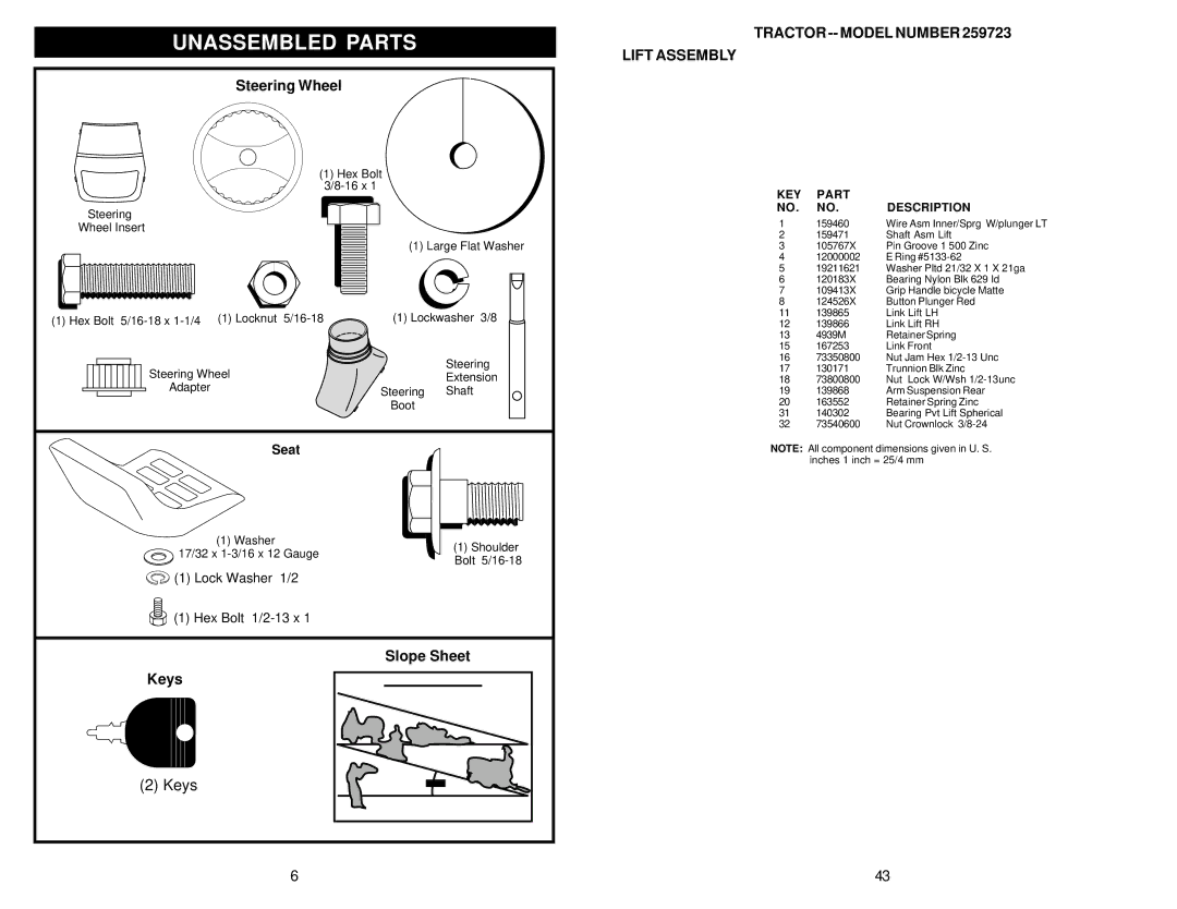 Weed Eater 259723, 173487 owner manual Unassembled Parts, Tractor -- Model Number Lift Assembly, Seat 