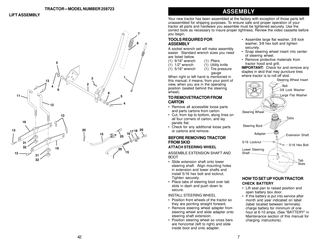 Weed Eater 173487, 259723 Tools Required for Assembly, To Removetractor from Carton, Before Removing Tractor from Skid 