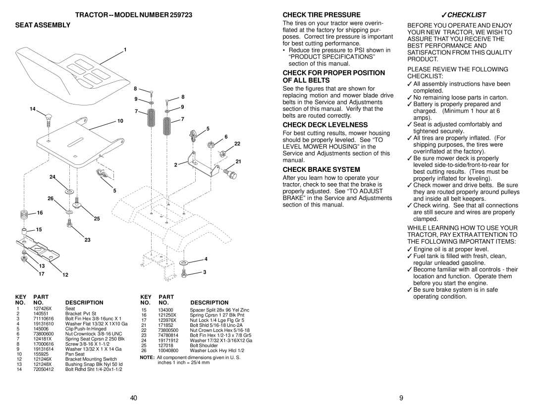 Weed Eater 173487 Tractor -- Model Number Seat Assembly Check Tire Pressure, Check for Proper Position of ALL Belts 