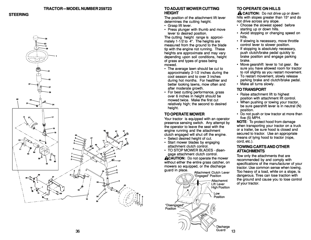 Weed Eater 173487, 259723 owner manual To Adjust Mower Cutting Height, To Operate On Hills, To Transport, To Operate Mower 