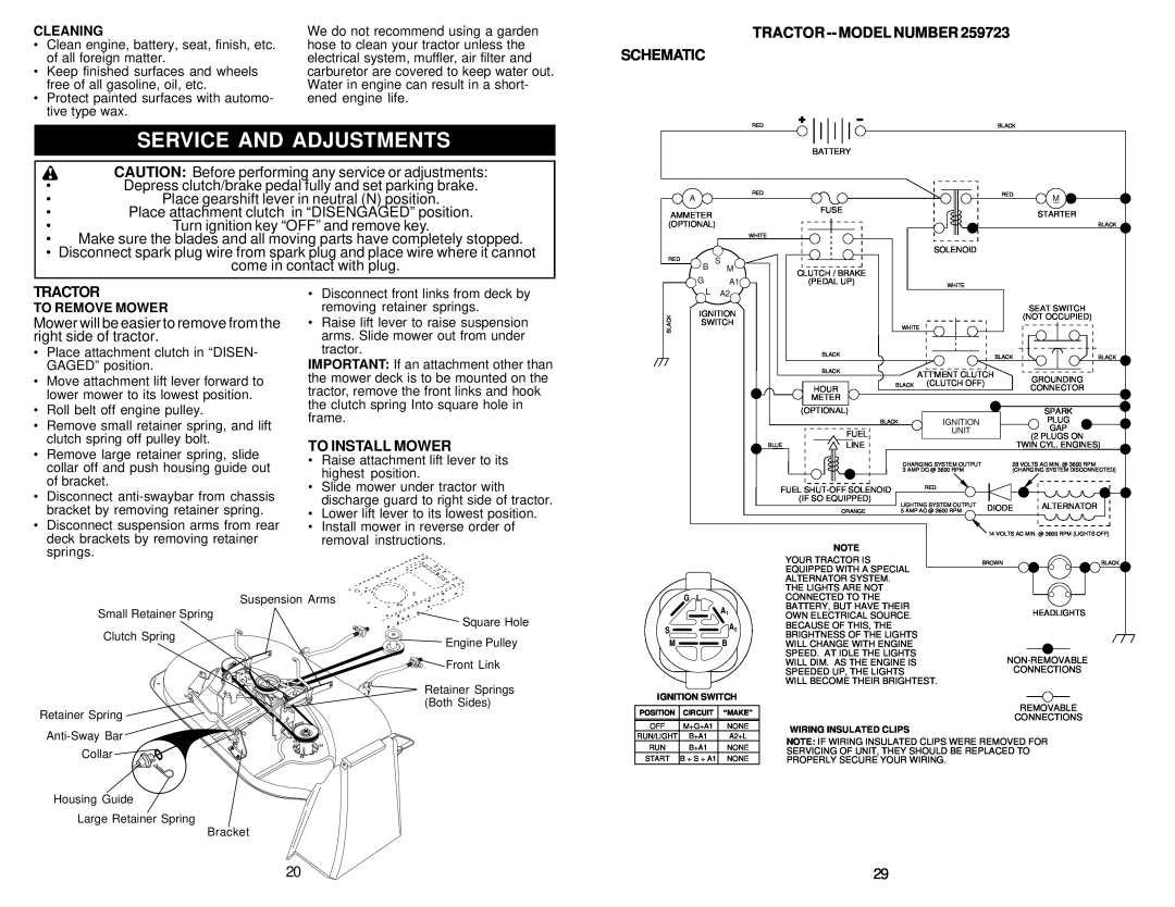 Weed Eater 259723 Service And Adjustments, Tractor -- Model Number Schematic, Place gearshift lever in neutral N position 