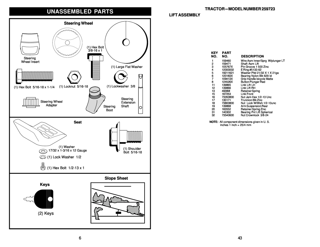 Weed Eater 259723 Unassembled Parts, Steering Wheel, Slope Sheet, Keys, Tractor -- Model Number Lift Assembly, Description 