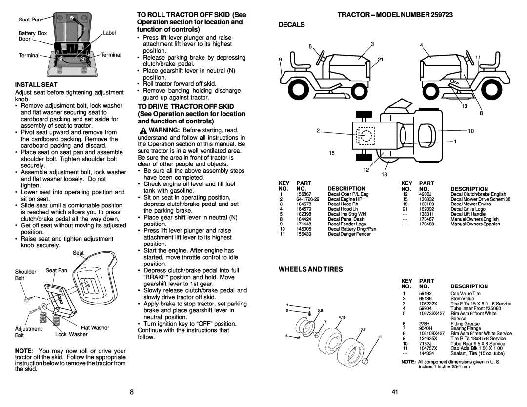Weed Eater 259723, 173487 owner manual Tractor -- Model Number Decals, Wheels And Tires, Install Seat 