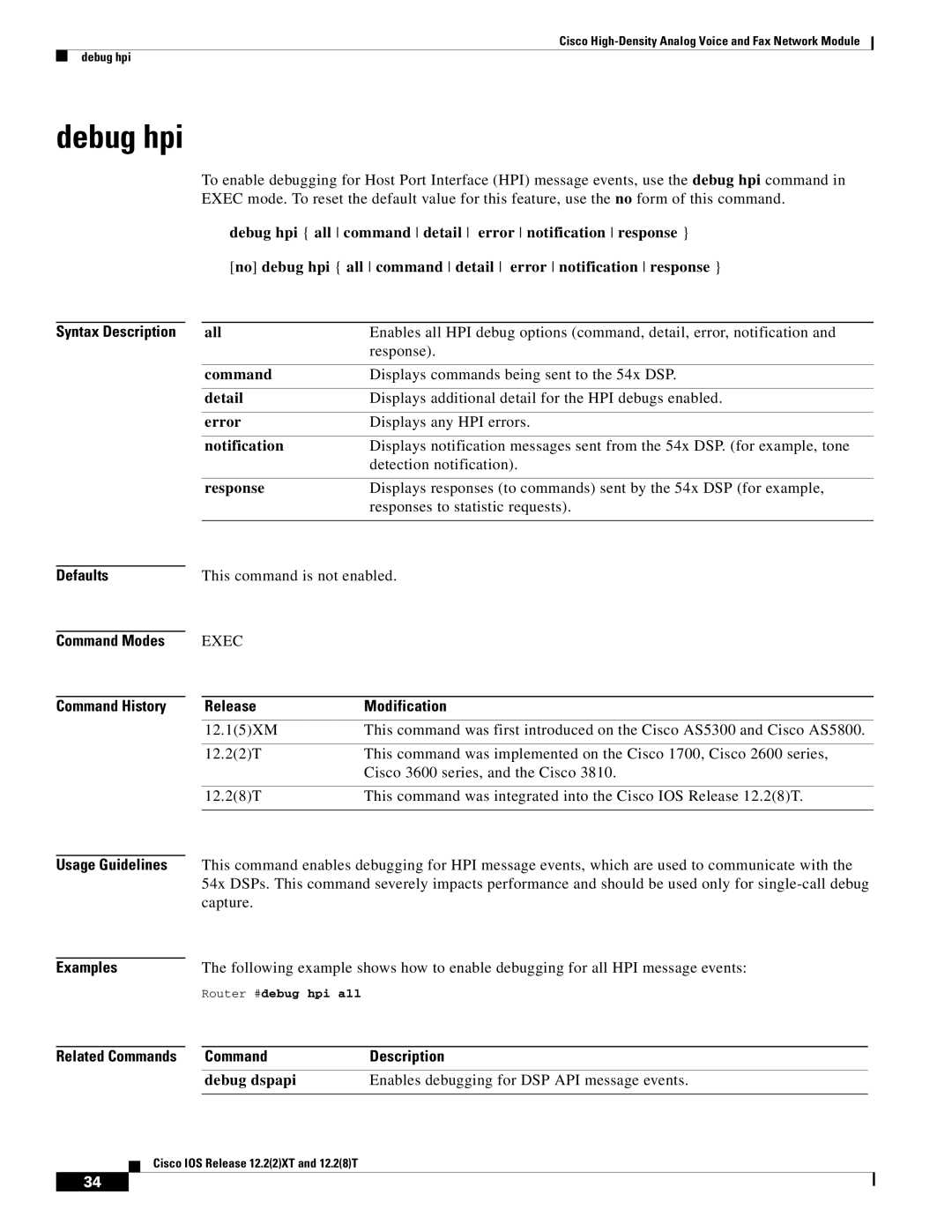 Weed Eater 2600 manual Debug hpi, Defaults, Command Modes Command History, Usage Guidelines Examples 