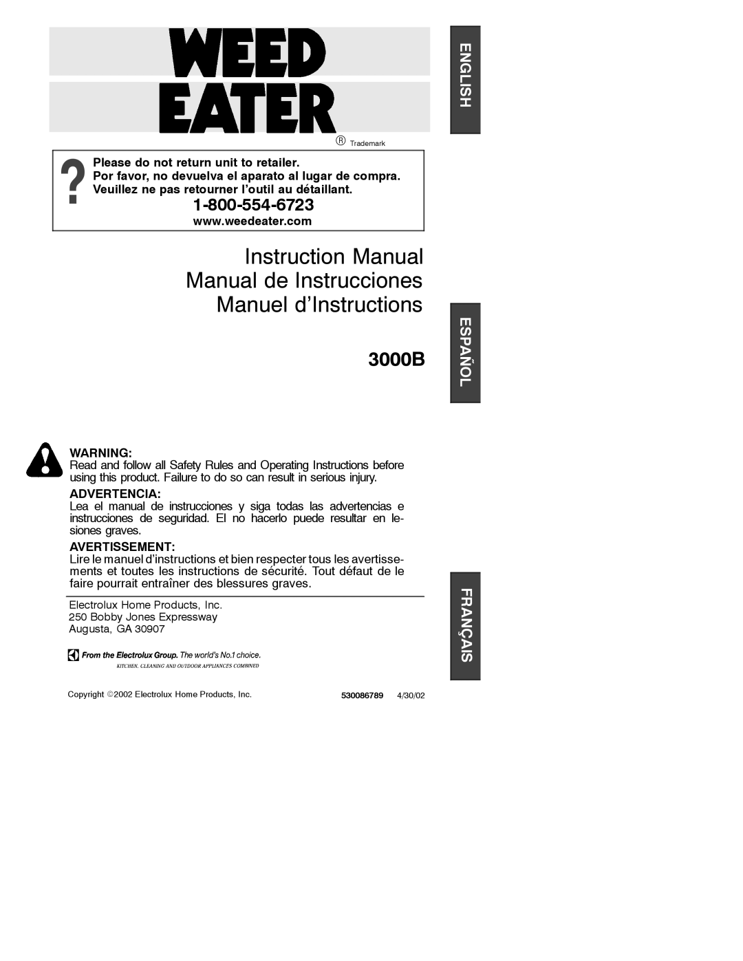 Weed Eater 530086789, 3000B instruction manual Manual de Instrucciones Manuel d’Instructions 