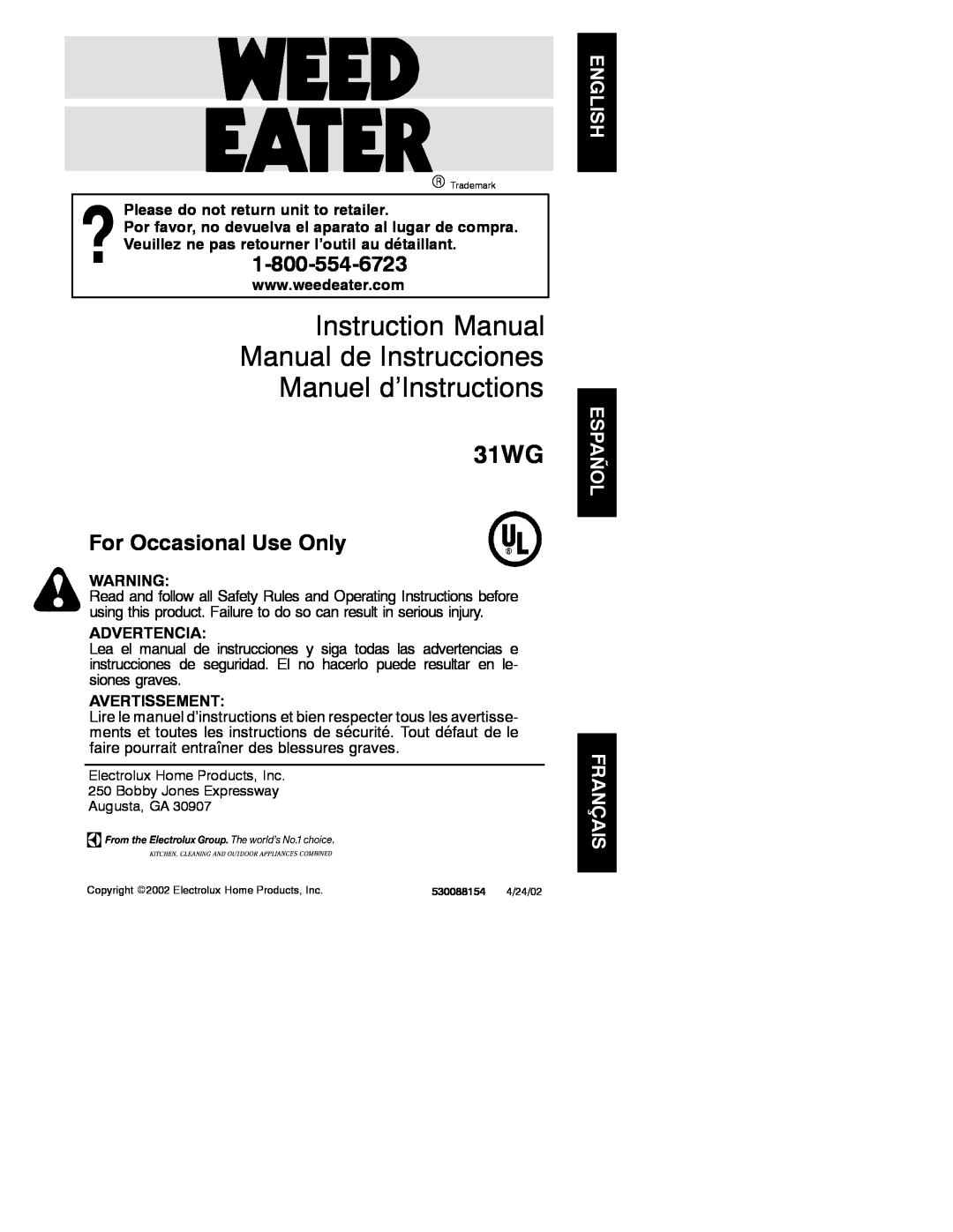 Weed Eater 530088154 instruction manual Please do not return unit to retailer, Advertencia, Avertissement, 31WG 
