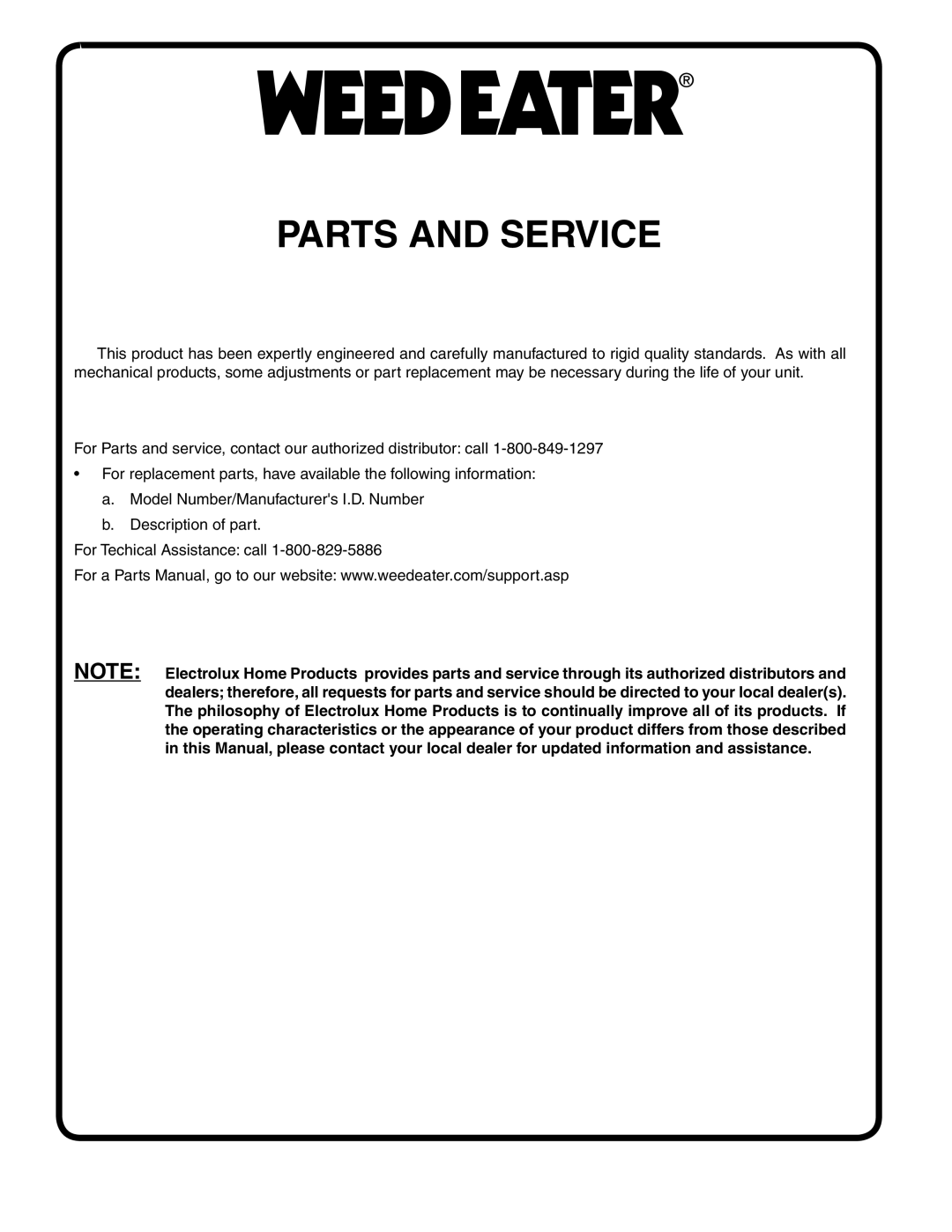 Weed Eater 403284, 96016001400 manual Parts and Service 