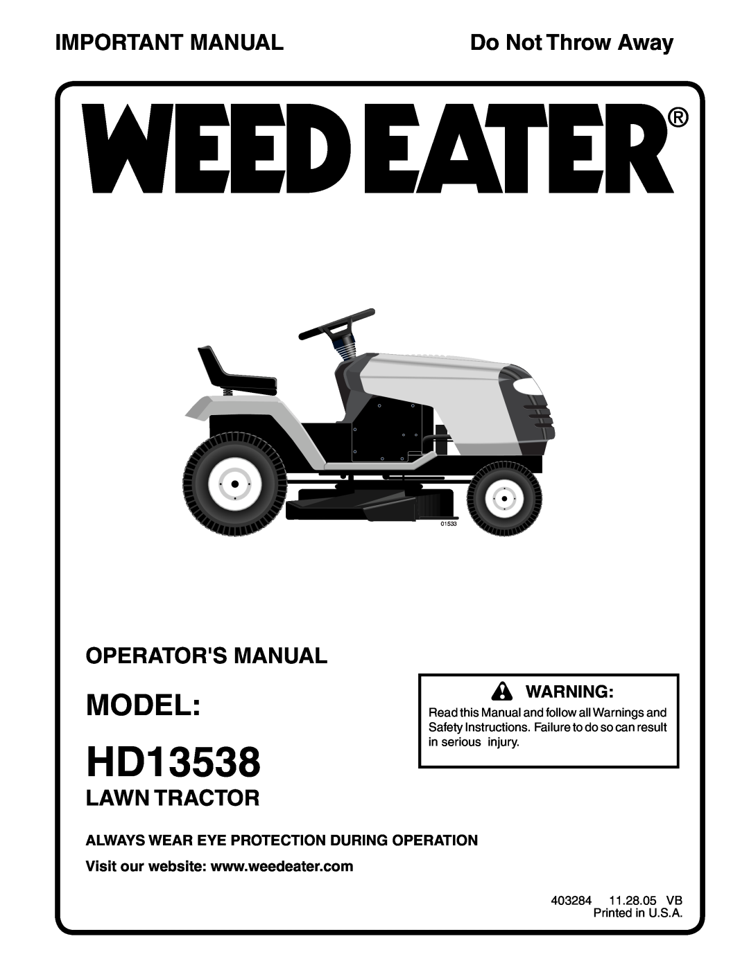 Weed Eater 96016001400 manual Model, Important Manual, Operators Manual, Lawn Tractor, HD13538, Do Not Throw Away, 01533 