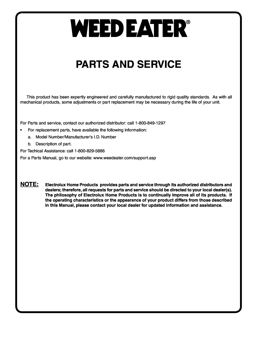 Weed Eater 403284, 96016001400 manual Parts And Service 