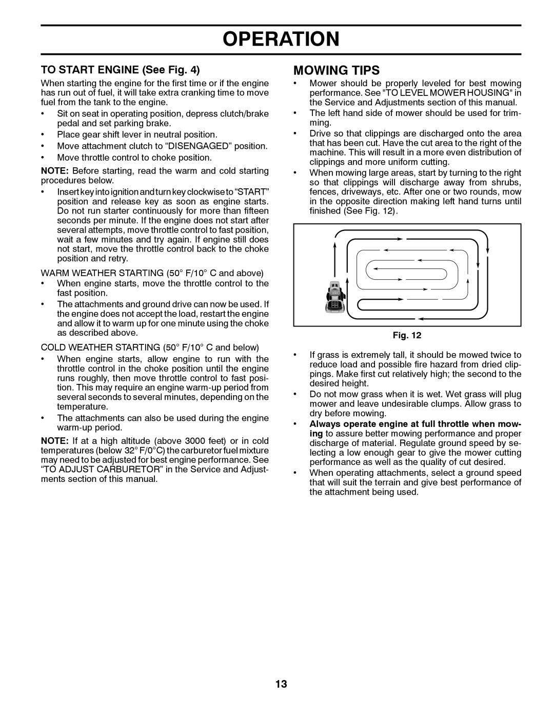 Weed Eater 96048000100, 435057 manual Mowing Tips, To Start Engine See Fig 