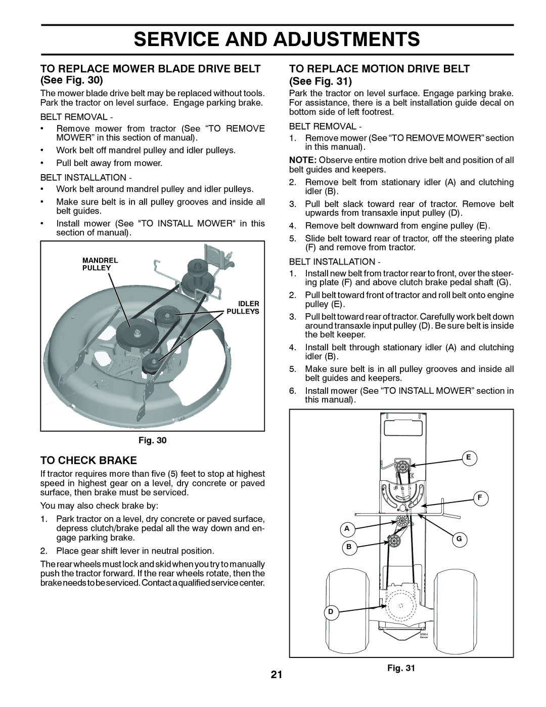 Weed Eater 435057 manual To Replace Mower Blade Drive Belt See Fig, To Replace Motion Drive Belt See Fig, To Check Brake 