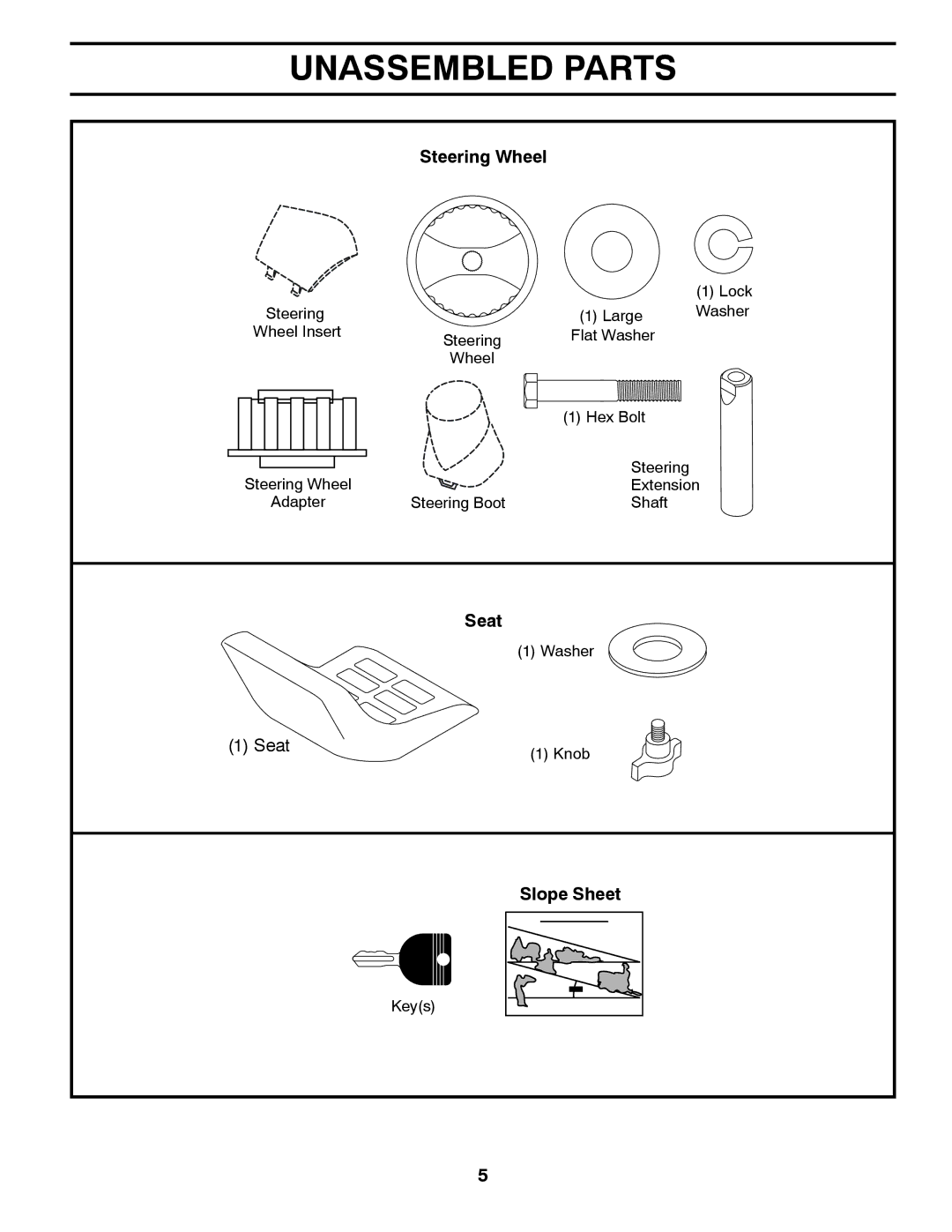 Weed Eater 435057, 96048000100 manual Unassembled Parts, Steering Wheel 