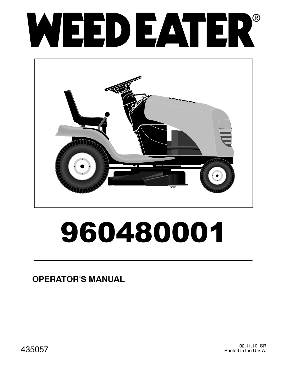 Weed Eater 96048000100 manual Operators Manual, 435057, 02.11.10 SR, Printed in the U.S.A, 5000 
