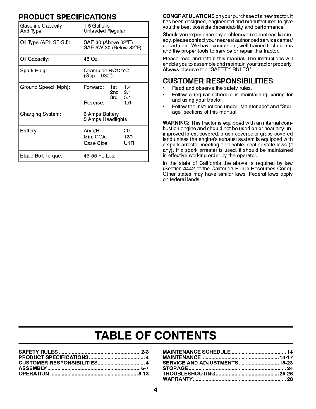 Weed Eater 96048000100, 435057 manual Table Of Contents, Product Specifications, Customer Responsibilities 