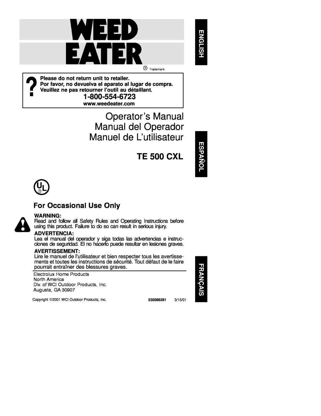 Weed Eater 530086281 manual Operator’s Manual Manual del Operador Manuel de L’utilisateur, TE 500 CXL, Advertencia 
