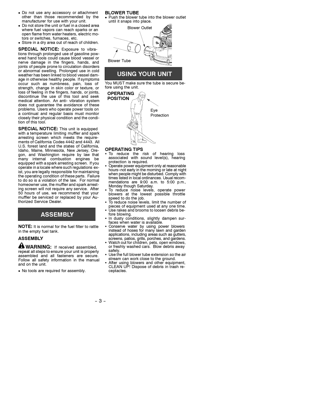 Weed Eater 530086312 manual Assembly, Blower Tube, Operating Position, Operating Tips 