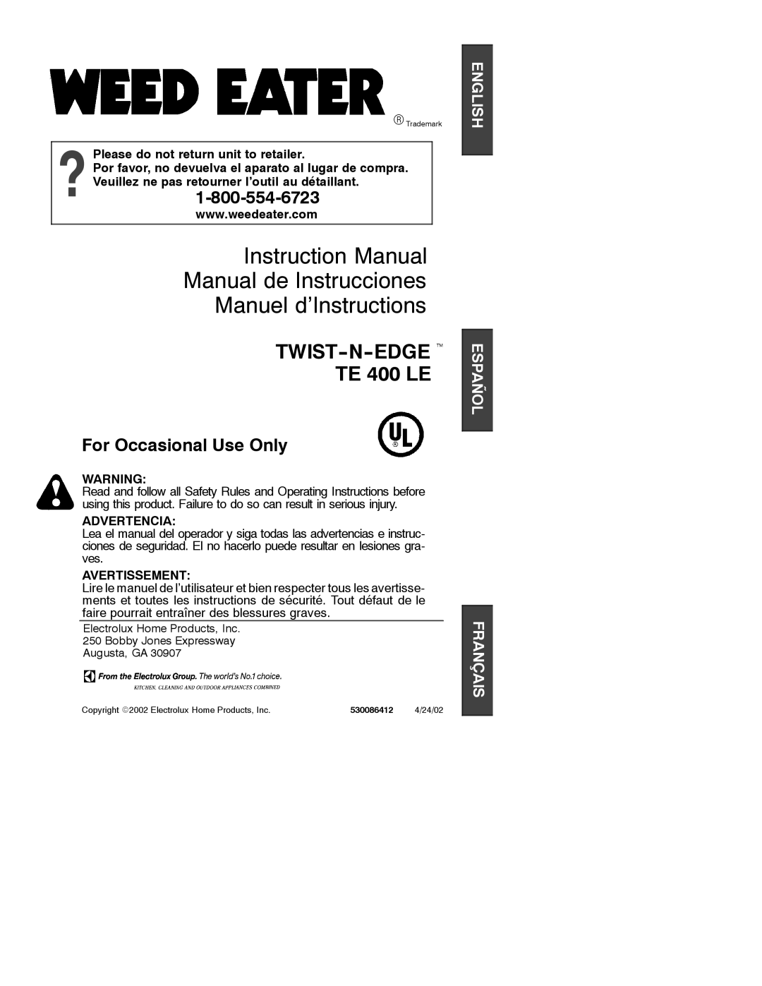 Weed Eater 530086412 instruction manual Manual de Instrucciones Manuel d’Instructions 