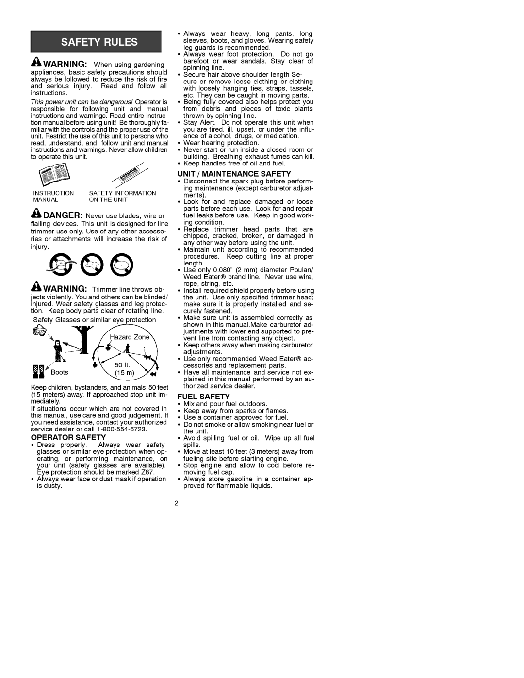 Weed Eater 530086412 instruction manual Operator Safety, Unit / Maintenance Safety, Fuel Safety 