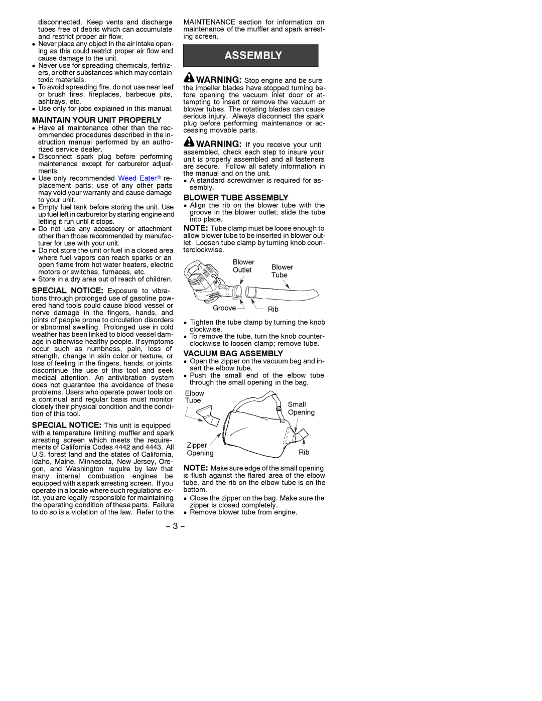 Weed Eater 530086690 instruction manual Maintain Your Unit Properly, Blower Tube Assembly, Vacuum BAG Assembly 