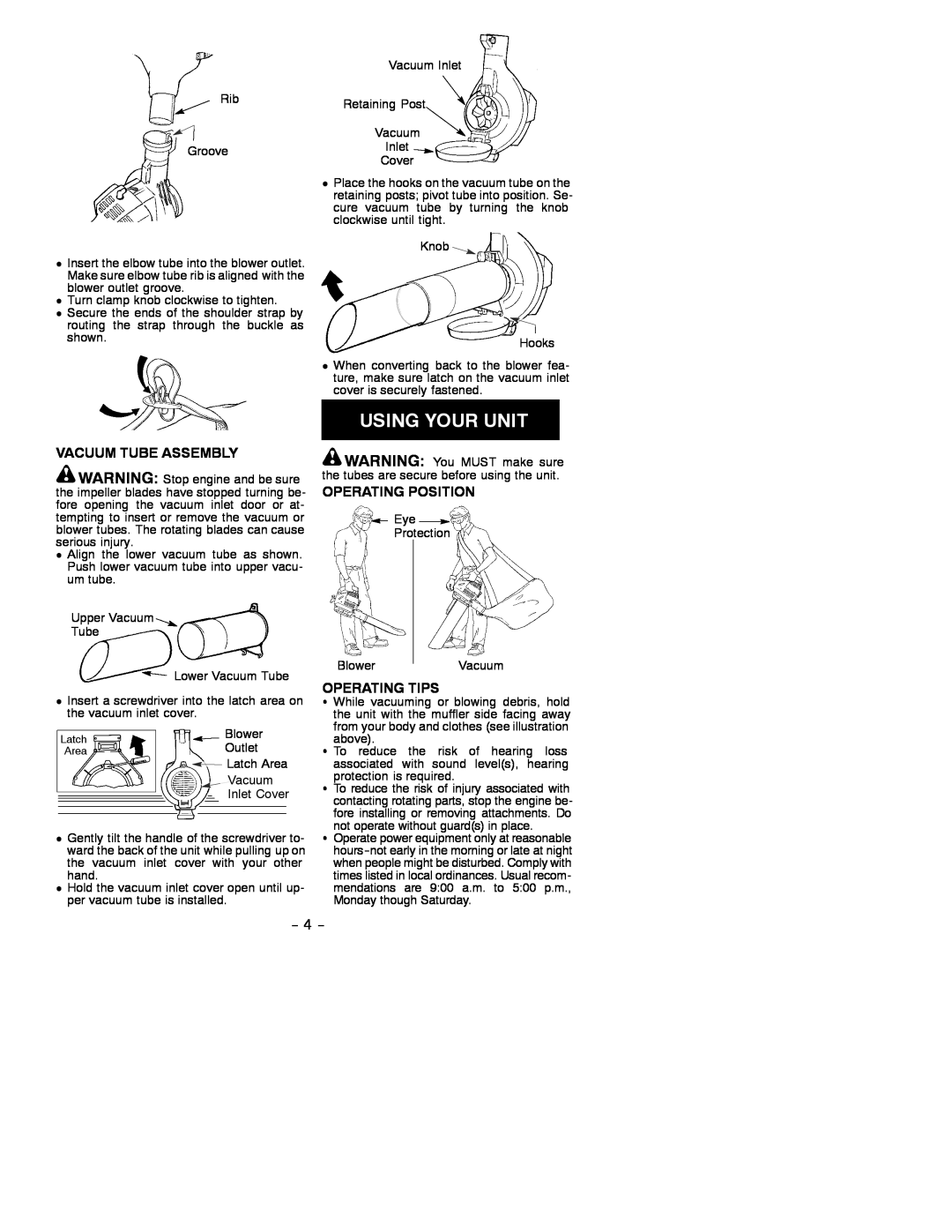 Weed Eater 530086690 instruction manual Vacuum Tube Assembly, Operating Position, Operating Tips 