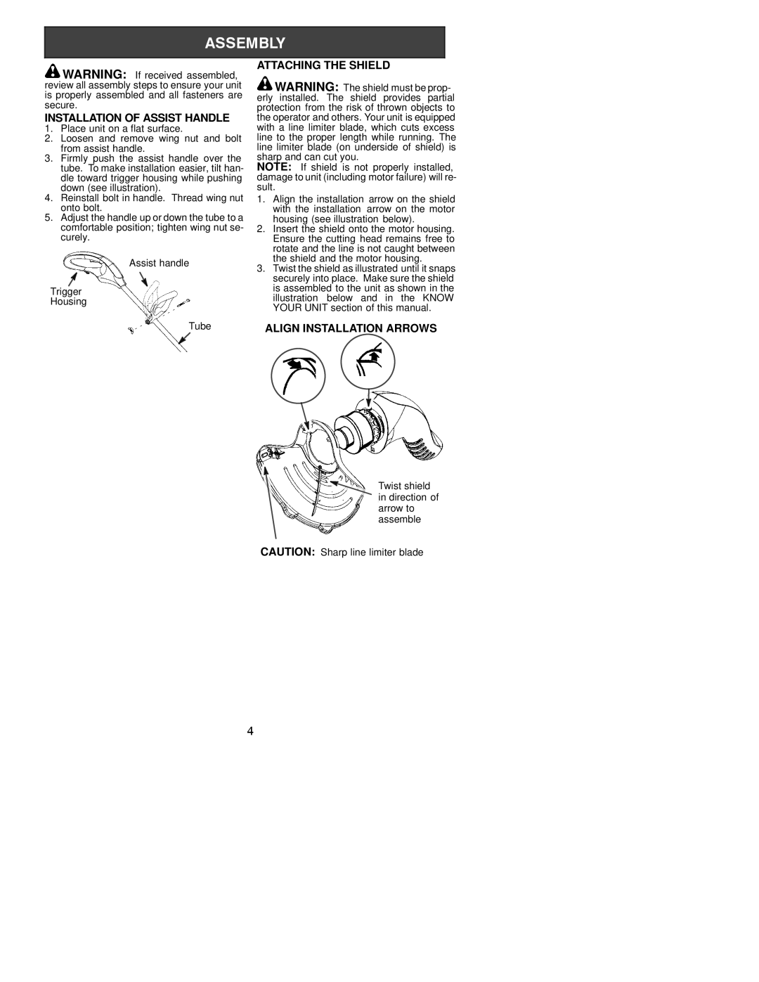 Weed Eater 530086725 instruction manual Installation of Assist Handle, Attaching the Shield, Align Installation Arrows 