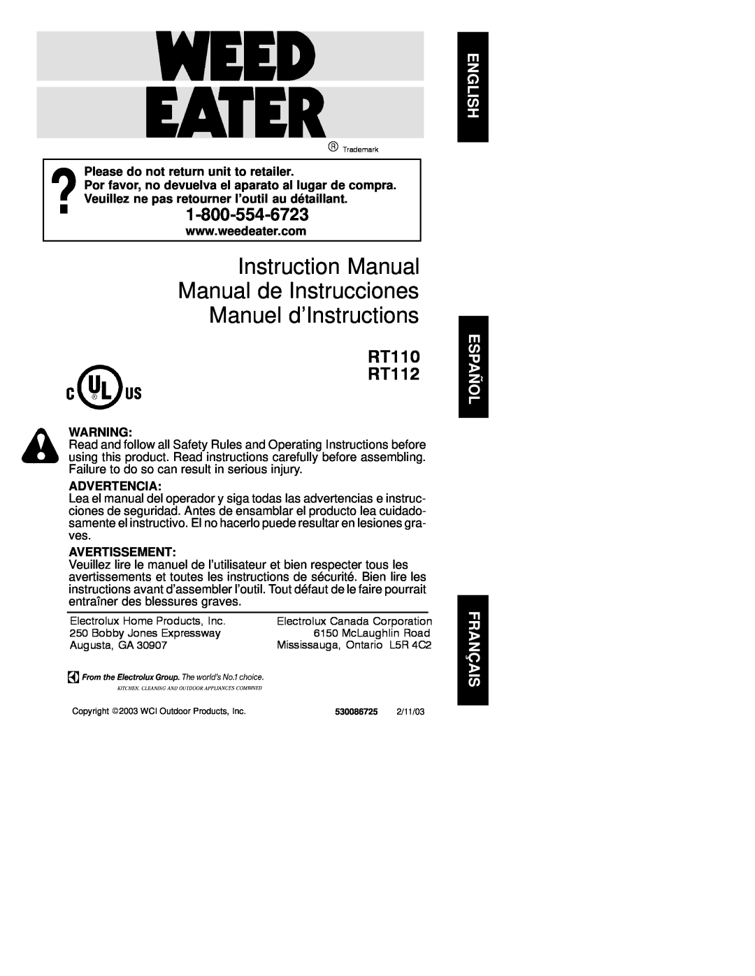 Weed Eater 530086725 instruction manual Please do not return unit to retailer, Advertencia, Avertissement, RT110 RT112 