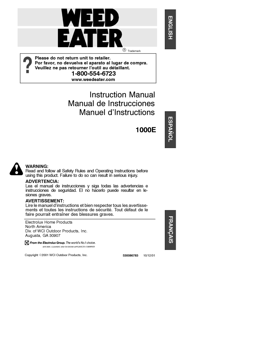 Weed Eater 530086783 instruction manual Manual de Instrucciones Manuel d’Instructions 