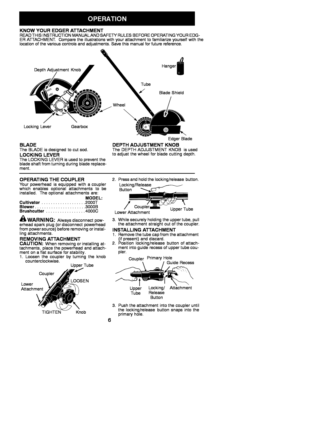 Weed Eater 530086783 Know Your Edger Attachment, Blade, Depth Adjustment Knob, Locking Lever, Operating The Coupler 