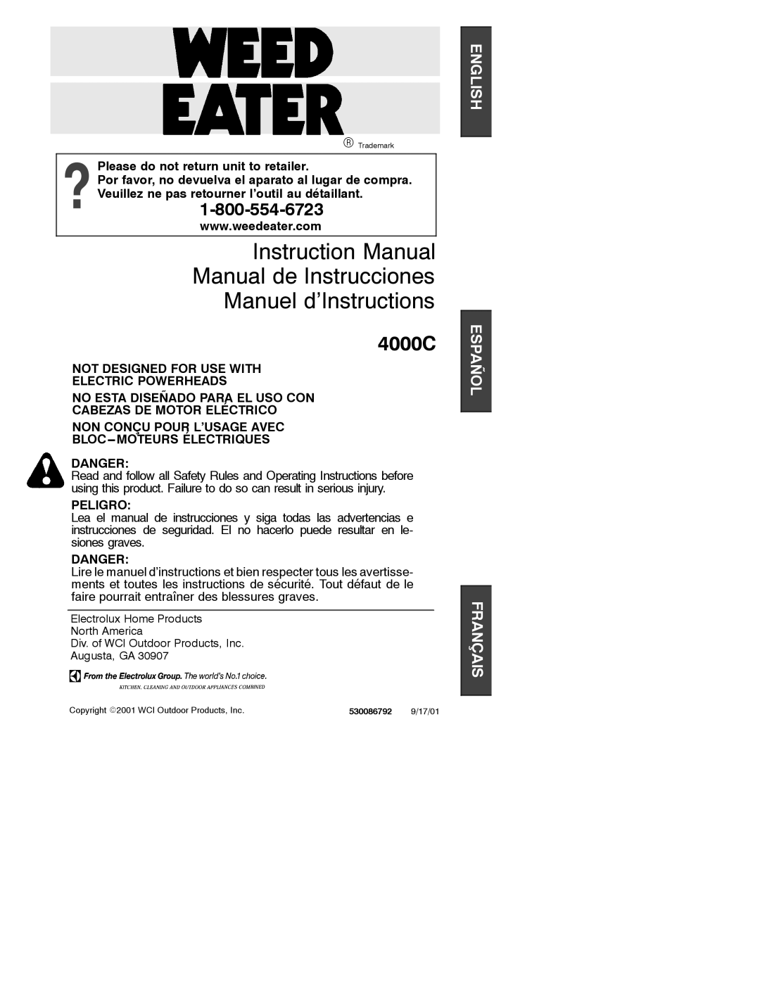 Weed Eater 4000C, 530086792 instruction manual Manual de Instrucciones Manuel d’Instructions 