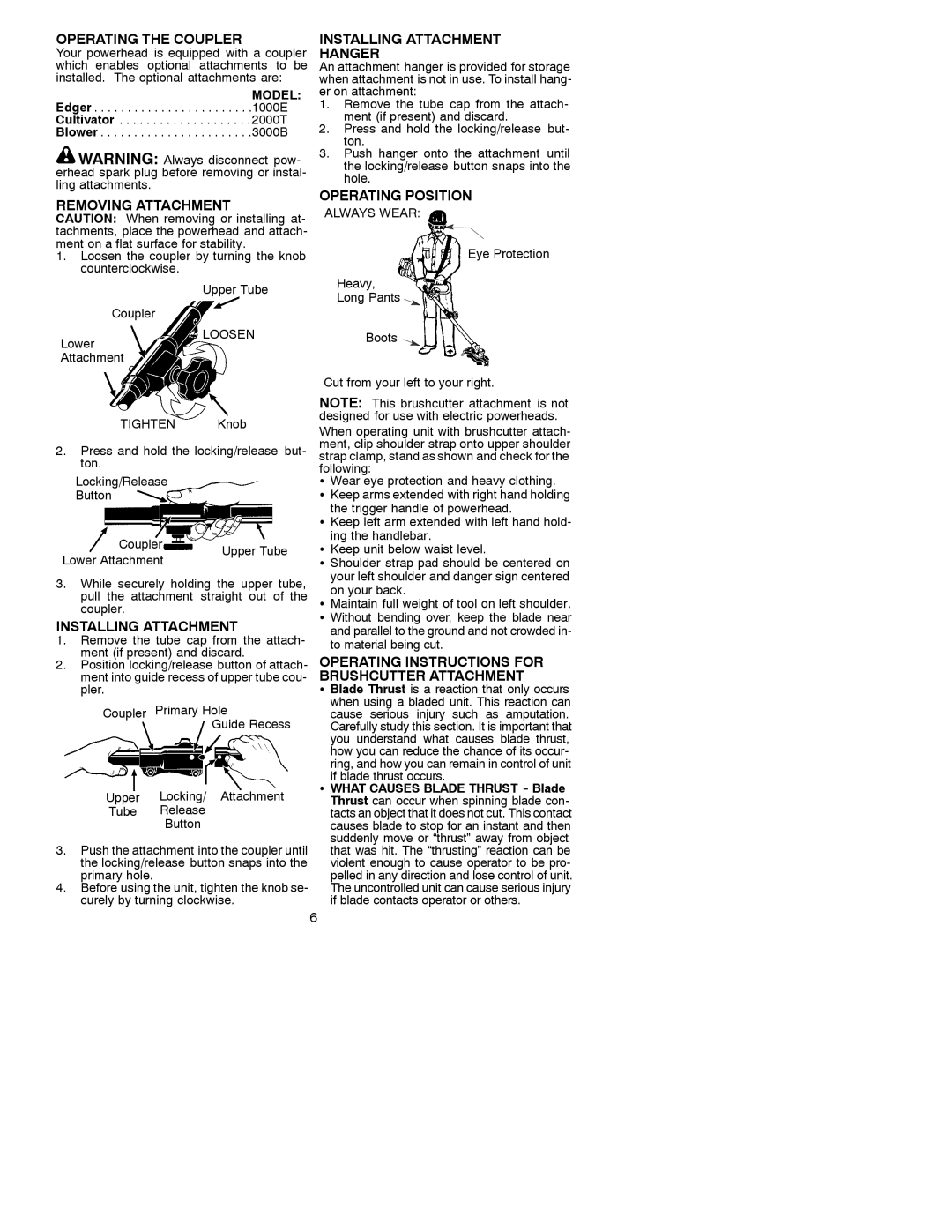 Weed Eater 530086792, 4000C Operating the Coupler, Removing Attachment, Installing Attachment Hanger, Operating Position 