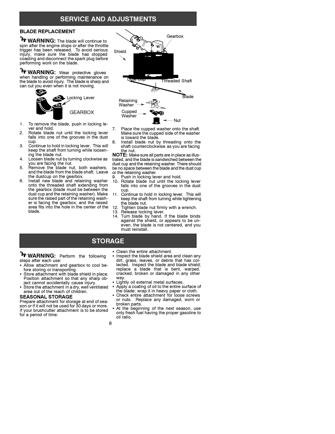 Weed Eater 530086792, 4000C instruction manual Blade Replacement, Gearbox, Seasonal Storage 